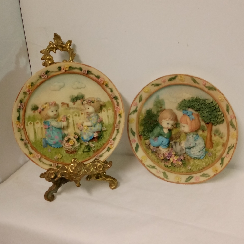 Vintage Lot Boy & Girl, 2 Girls in Floral Gardens 3D Plaques Solid Resin 6"